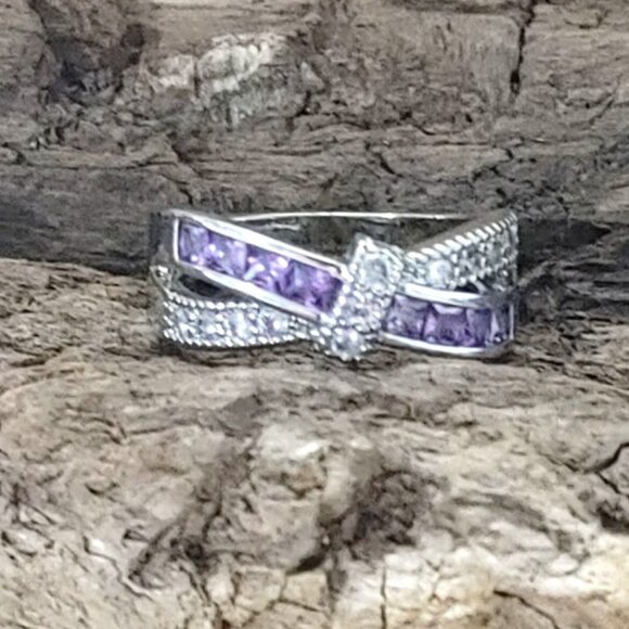 Sterling Silver 925 Ring Quartz Amethyst Bow Knot Crossover Purple Clear Square - Picture 7 of 9